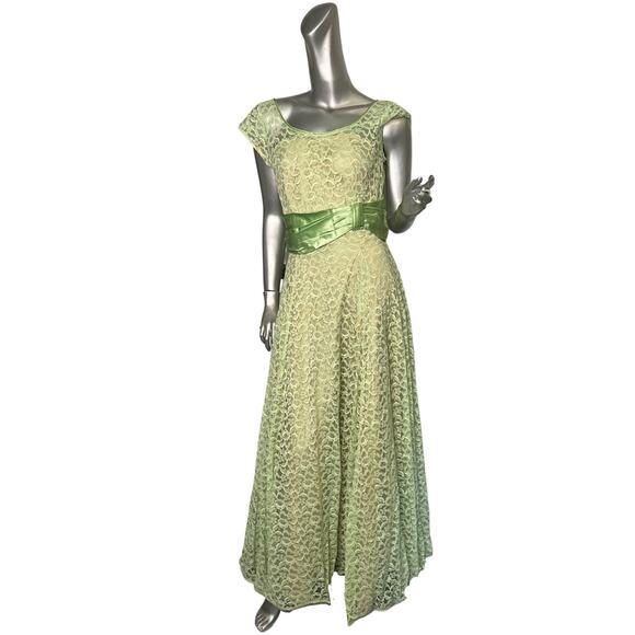 Vintage 1960s Emma Domb Green Lace Evening Gown Medium - Picture 1 of 6